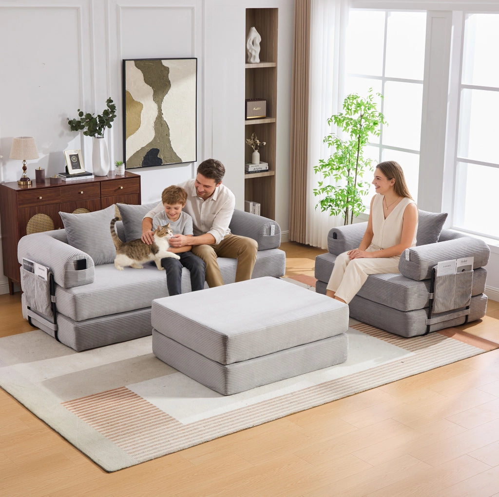 Set divano modulare in velluto a coste grigio chiaro con pouf
