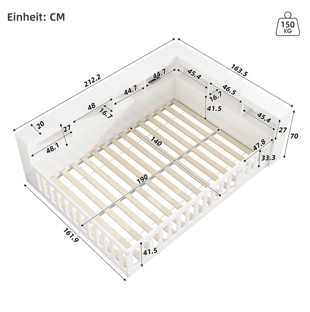 Daybed 140x190 cm con prese e USB; vano laterale; in truciolato e MDF bianco