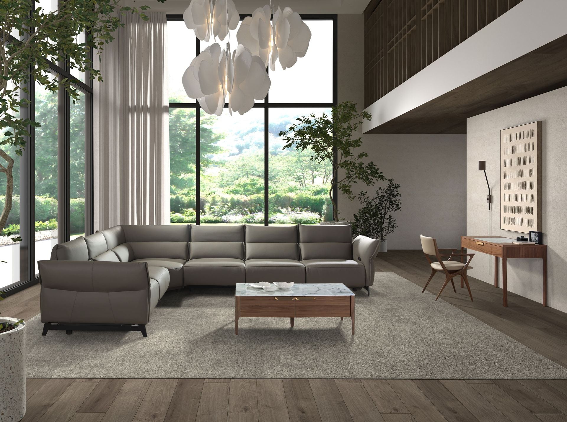 Comodino in noce con piano in vetro effetto marmo bianco e grigio lucido