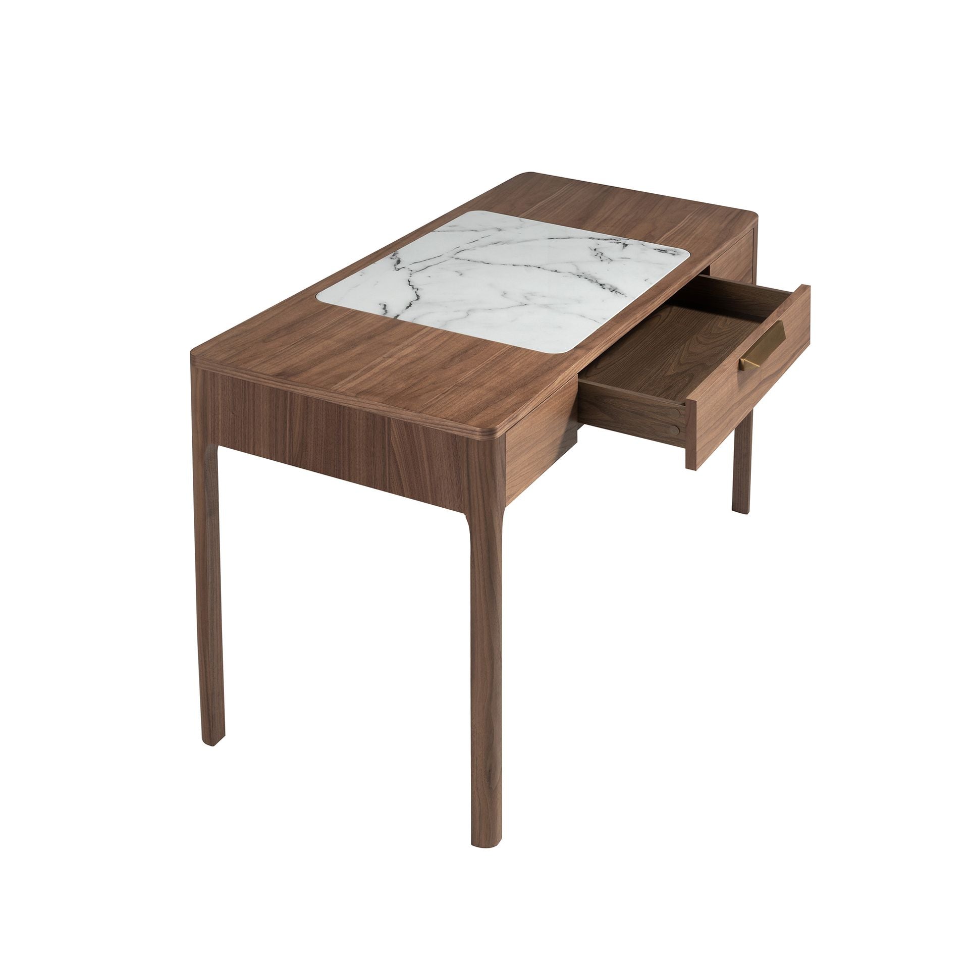 Comodino in noce con piano in vetro effetto marmo bianco e grigio lucido