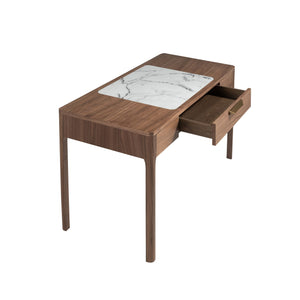 Comodino in noce con piano in vetro effetto marmo bianco e grigio lucido