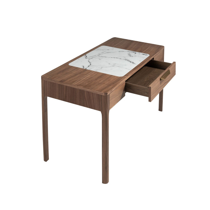 Comodino in noce con piano in vetro effetto marmo bianco e grigio lucido