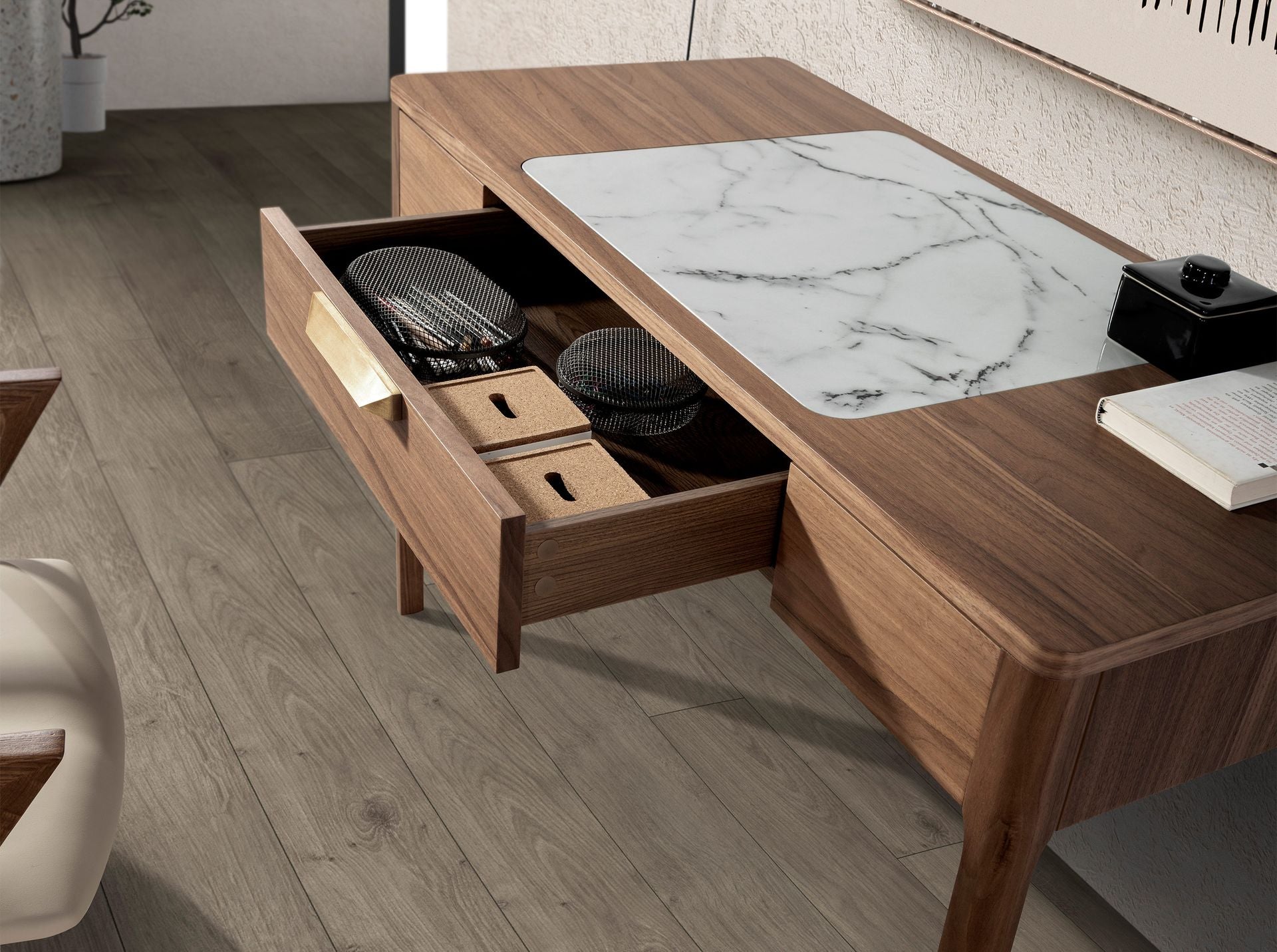 Comodino in noce con piano in vetro effetto marmo bianco e grigio lucido