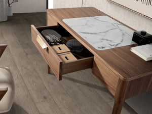 Comodino in noce con piano in vetro effetto marmo bianco e grigio lucido