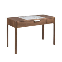 Comodino in noce con piano in vetro effetto marmo bianco e grigio lucido