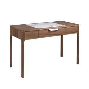 Comodino in noce con piano in vetro effetto marmo bianco e grigio lucido