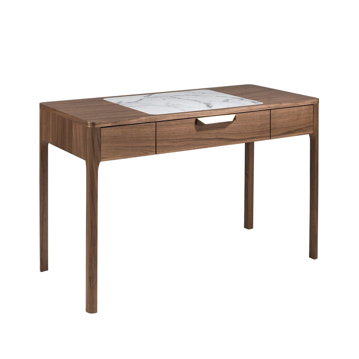 Comodino in noce con piano in vetro effetto marmo bianco e grigio lucido