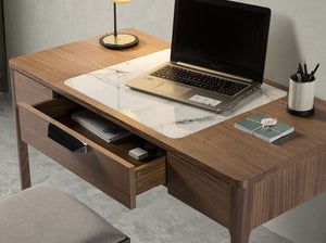 Comodino in noce con piano in vetro effetto marmo bianco e grigio lucido