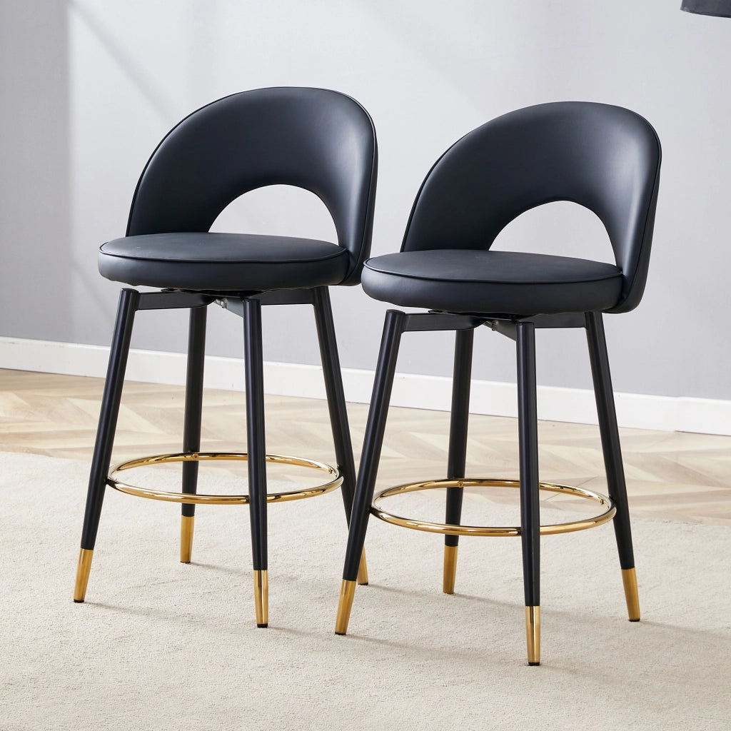 Set di 2 Sgabelli da Bar Girevoli; Schienale Traforato; per Cucina e Bancone; Metallo e Similpelle; Nero