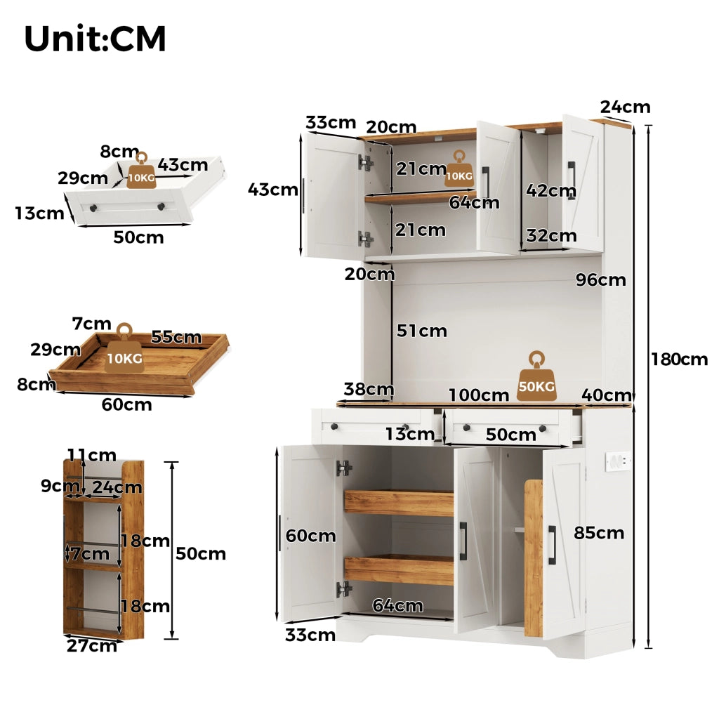 Credenza alta da cucina con LED RGB e prese organizer estraibile 2 cassetti per cucina in MDF 100 × 40 × 180 cm