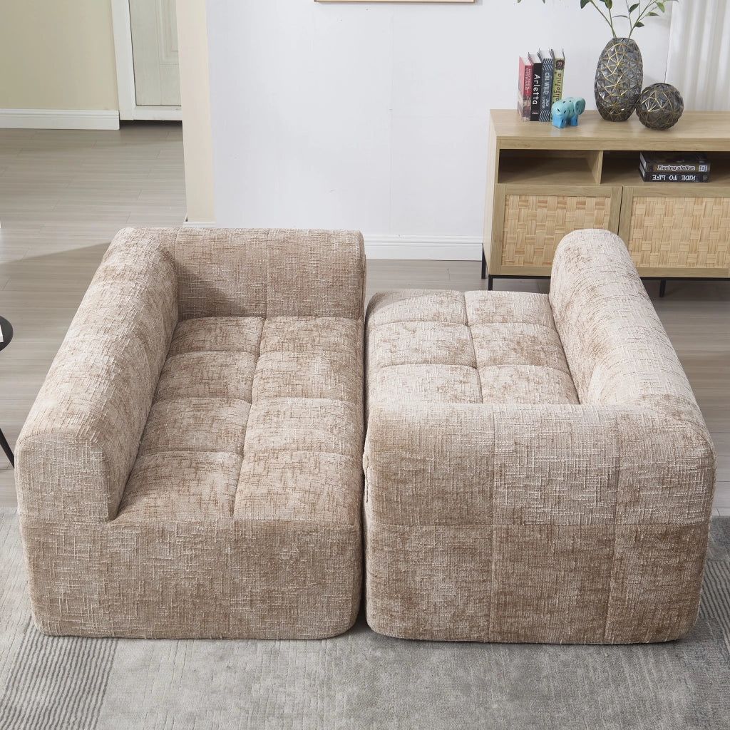 Divano a 2 posti in chenille khaki con cuscino tasche laterali e chaise longue 60 × 158 × 90 cm