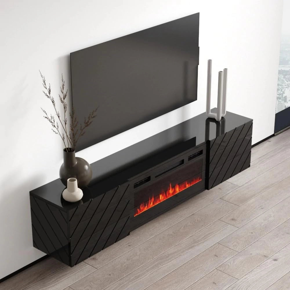 Mobile porta tv Roxy con camino elettrico cm183x35x38h nero lucido
