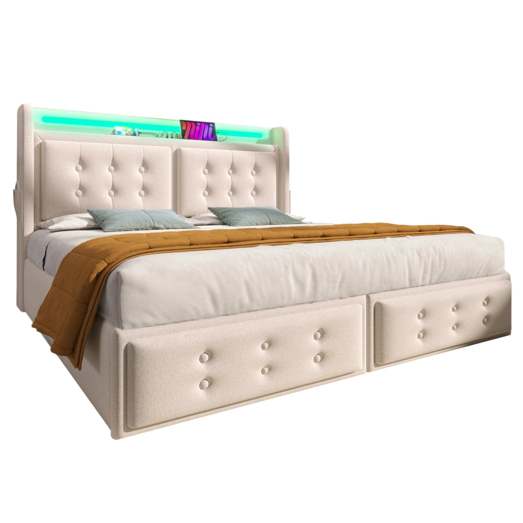 Letto matrimoniale 140x200 con testiera LED, prese USB e contenitore sollevabile, con materasso
