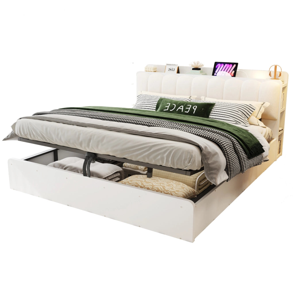 Letto matrimoniale 180x200 cm in legno bianco con contenitore idraulico; testiera imbottita e USB