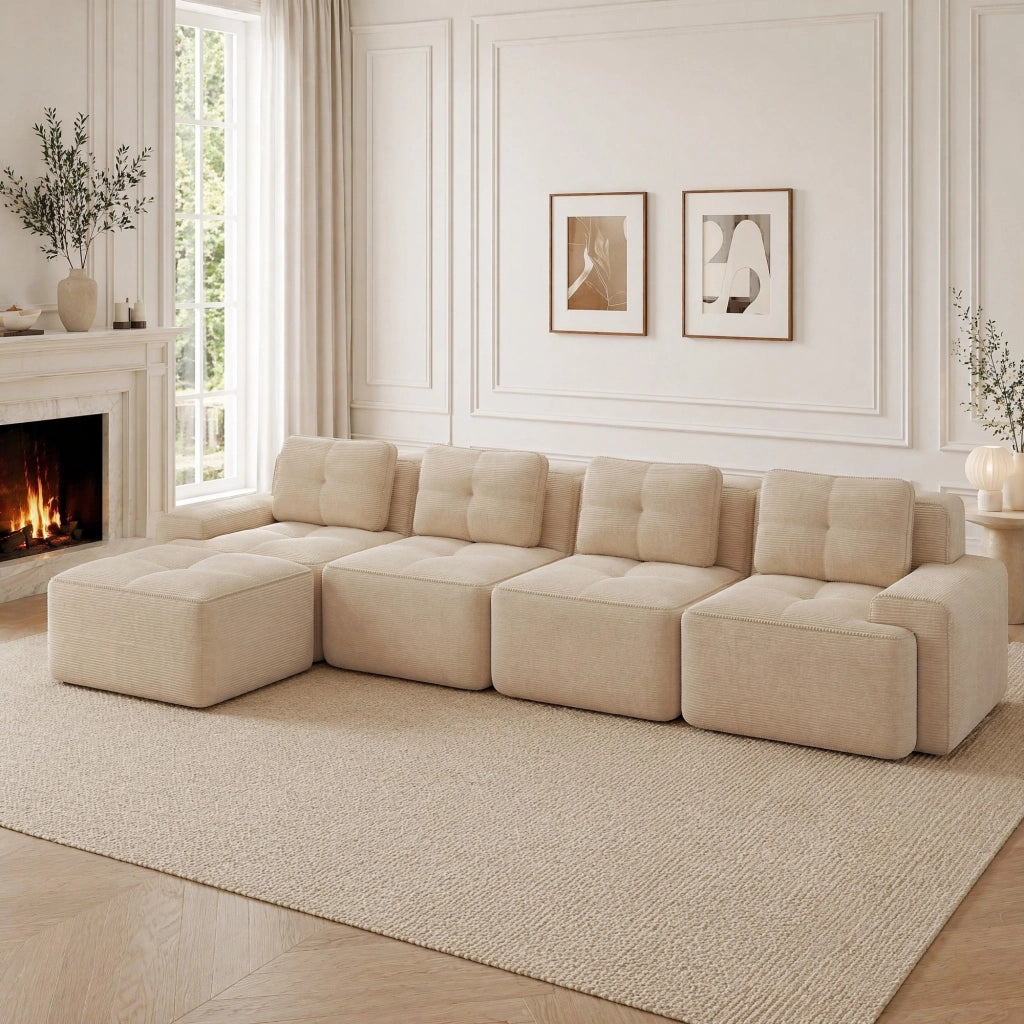 Divano modulare a 4 posti con seduta profonda 74 cm in velluto a coste beige