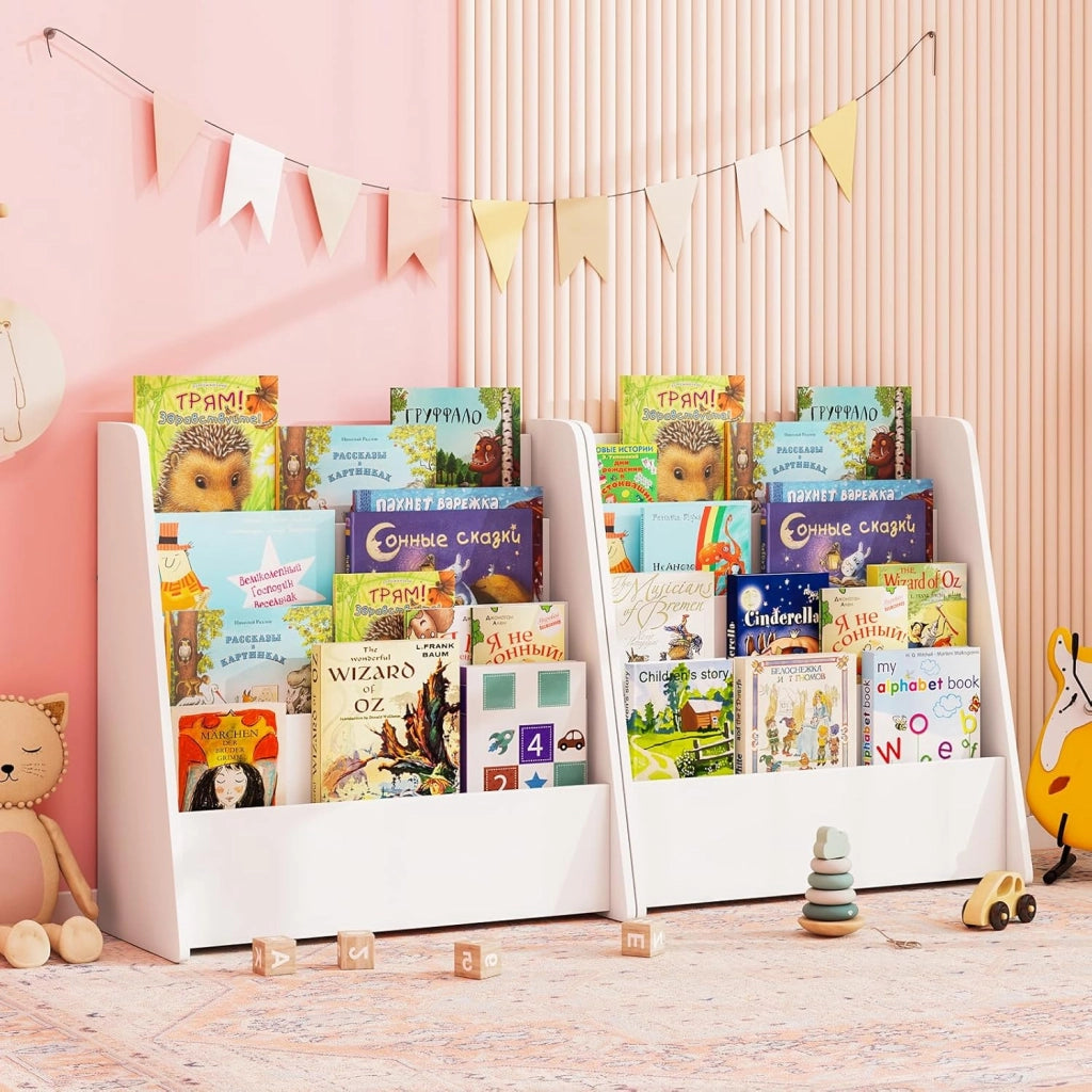 Libreria per Bambini a 4 Ripiani, Scaffale in Legno con Ampio Spazio di Esposizione, Porta Riviste per Camera dei Bambini Sala Giochi e Aula, 57,5x26,5x59 cm (Bianco)