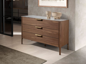 Cassettiera in noce con piano in vetro effetto marmo