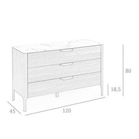 Cassettiera in noce con piano in vetro effetto marmo