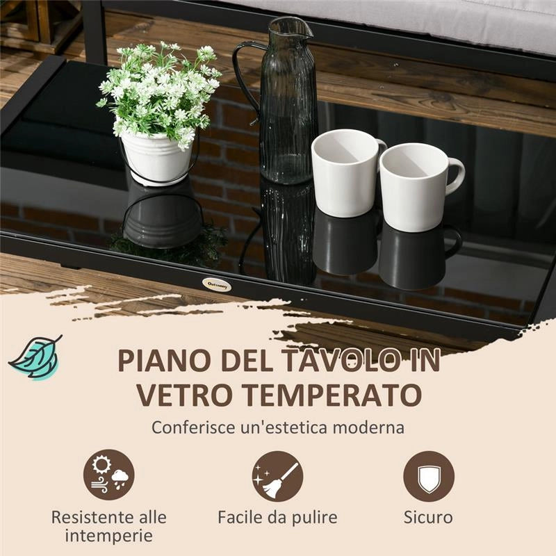 SET DA GIARDINO CON DIVANO, POLTRONA E TAVOLINO DA CAFFÈ IN VETRO GRIGIO