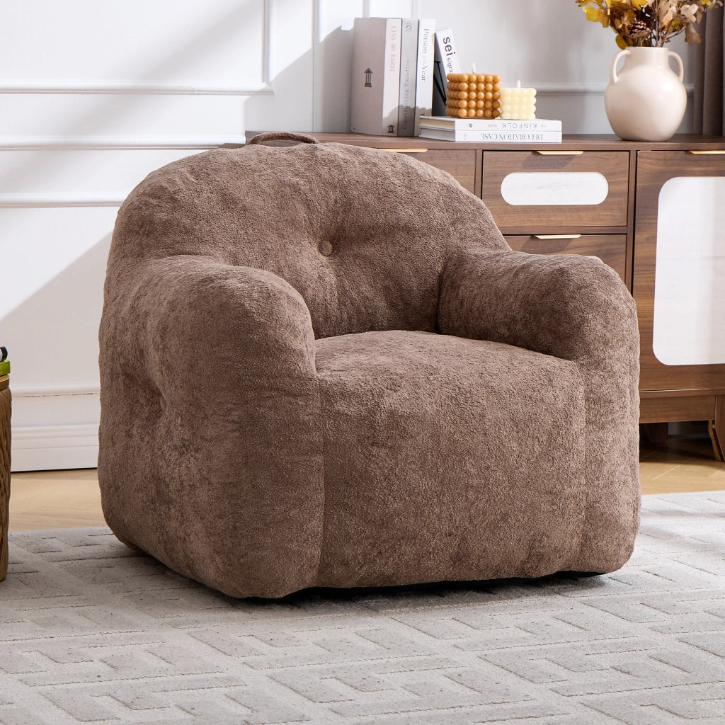 Pouf poltrona ergonomico con imbottitura in schiuma triturata e braccioli in pelliccia sintetica kaki