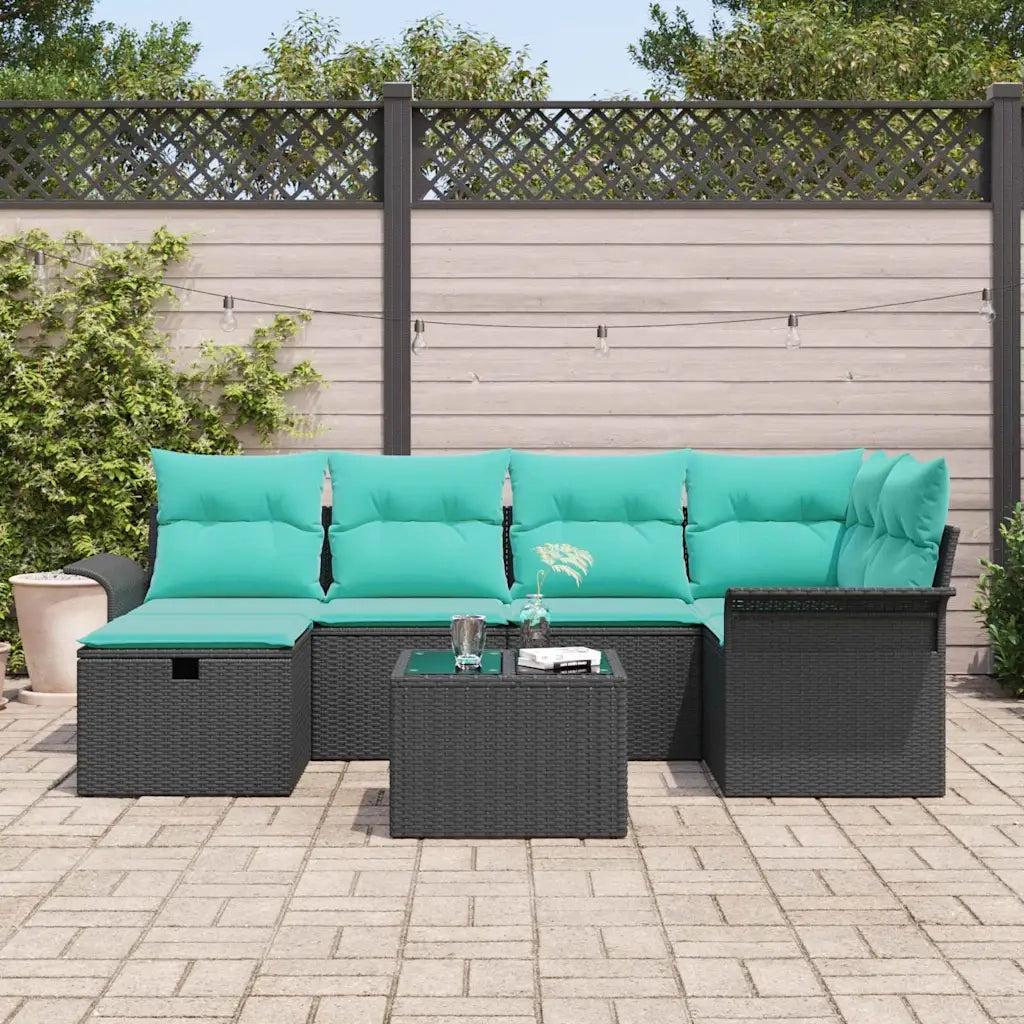 Set Divano da Giardino 7 pcs Nero e Turchese polyrattan 3358895