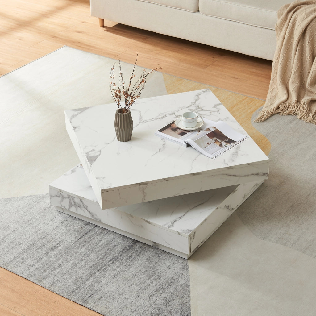 Tavolino da Caffè Florenz con Piano Girevole per Salotto Soggiorno 76 x 76 x 38 cm - Effetto Marmo Bianco [en.casa]