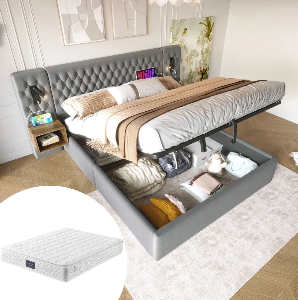 Letto matrimoniale 160x200 cm con contenitore; 2 comodini; luci lettura; USB e Type-C; grigio