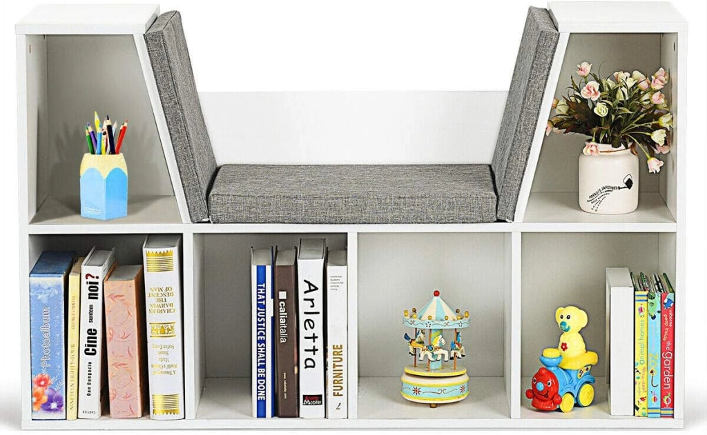 Scaffale per Libri, Libreria Panca in Legno con Cuscini per Bambini (BIanco)
