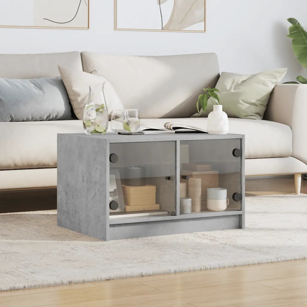 Tavolino da Salotto con Ante in Vetro-Tavolino da soggiorno Grigio Cemento 68x50x42cm