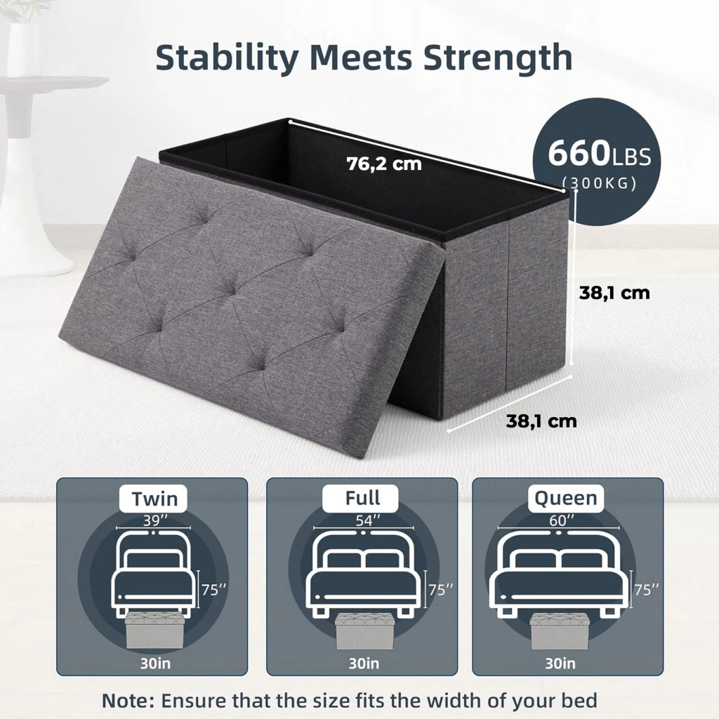 Nemora 75 - Cassapanca Ottomana 76x38x38 cm Pouf Contenitore Poggiapiedi in Tessuto Grigio