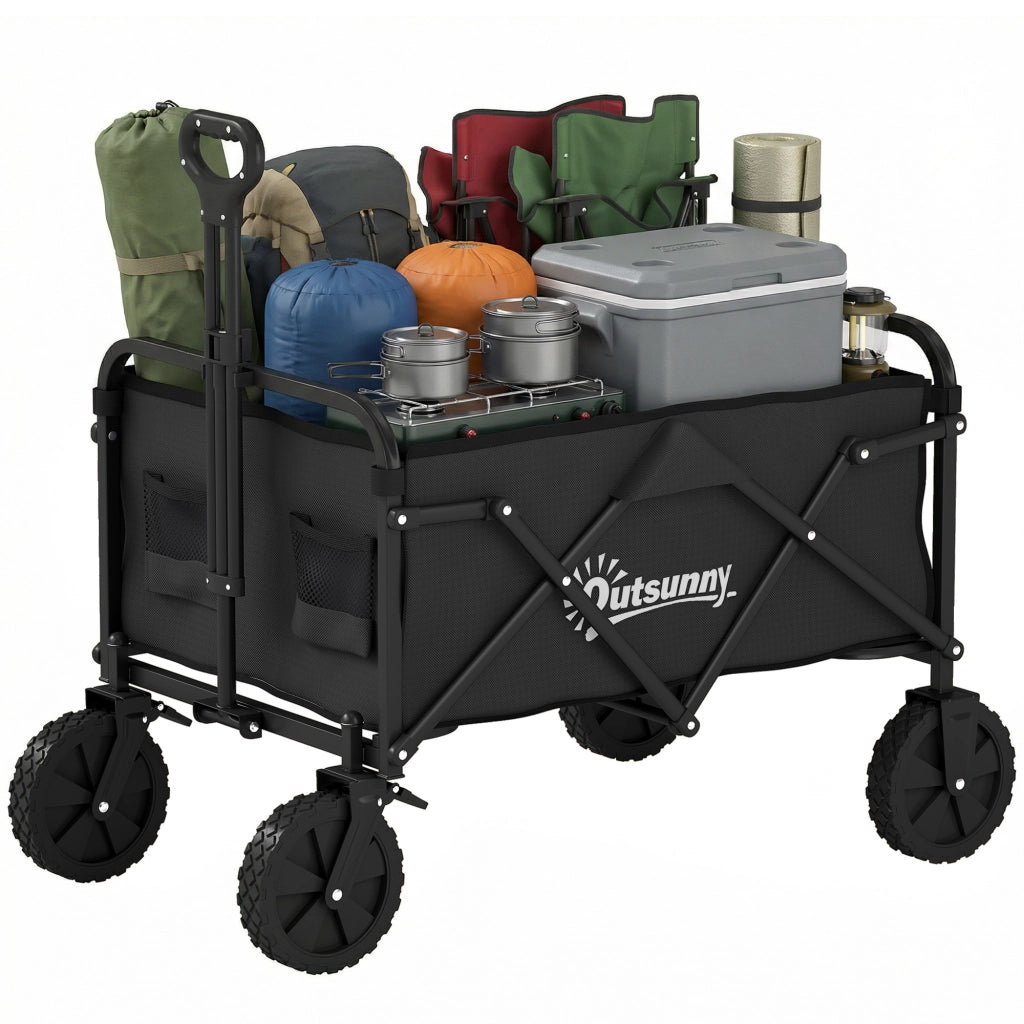 Carrello da Giardino Pieghevole con Manico Regolabile e Porta Bevande ¨C zephmum ¨C Nero