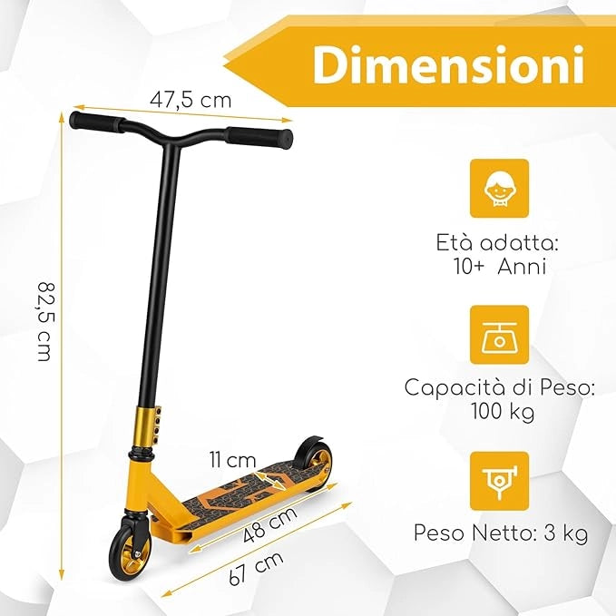 Scooter Acrobatico per Bambini, Monopattino Freestyle con 2 Ruote PU e Ampia Pedana in Alluminio, Scooter Pro per Trucchi Leggero da Strada per Bambini 10+ Anni, Carico 100 KG