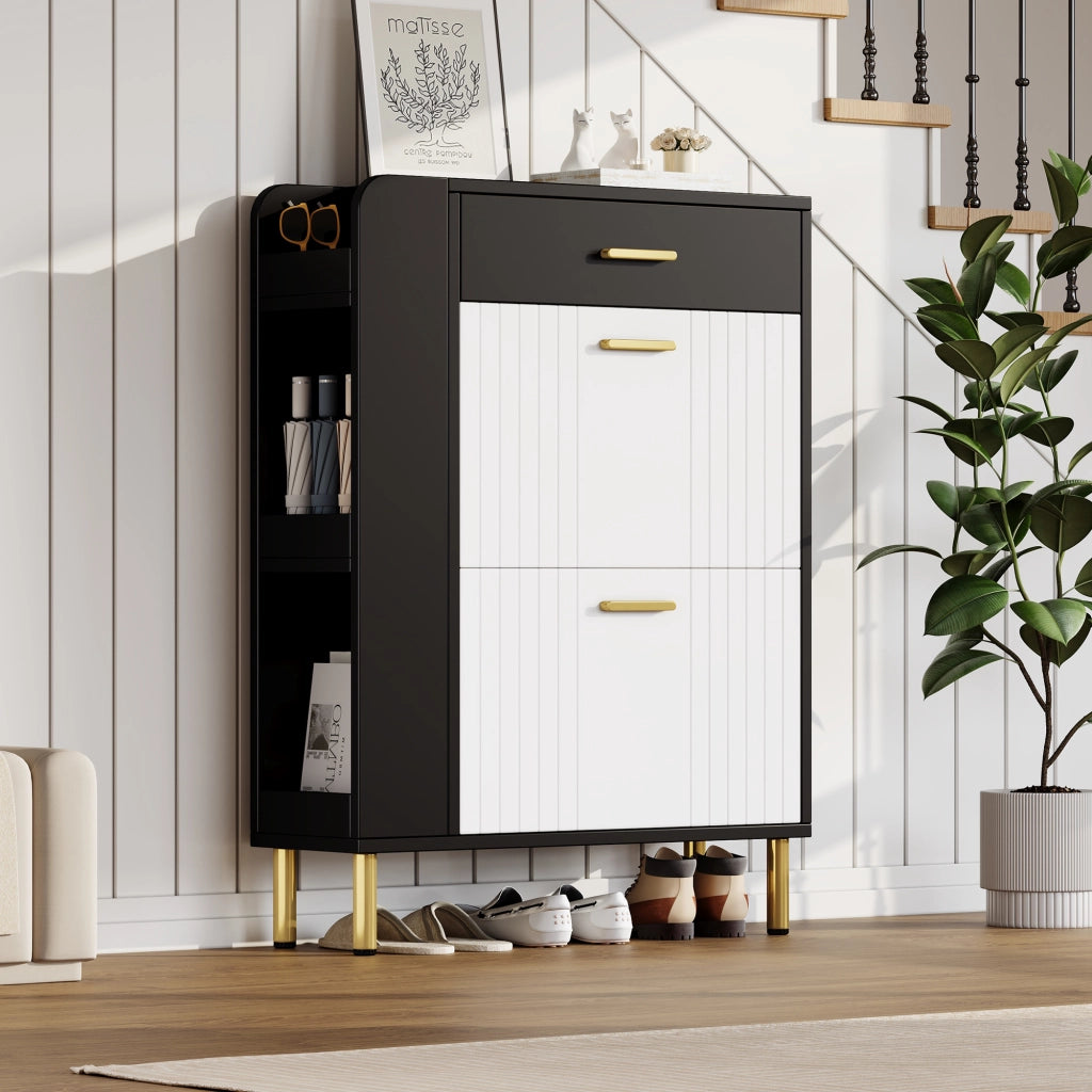Scarpiera Slim con Ante, Cassetto e Ripiani ¨C Xylo ¨C Nero/Bianco, 80x24x105 cm