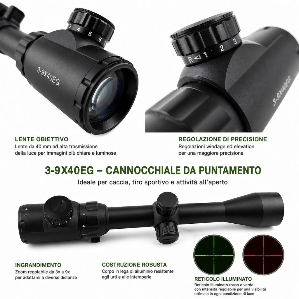 Mirino Ottico 3-9x40EG Reticolo Illuminato Zoom Variabile Attacco Weaver 22mm