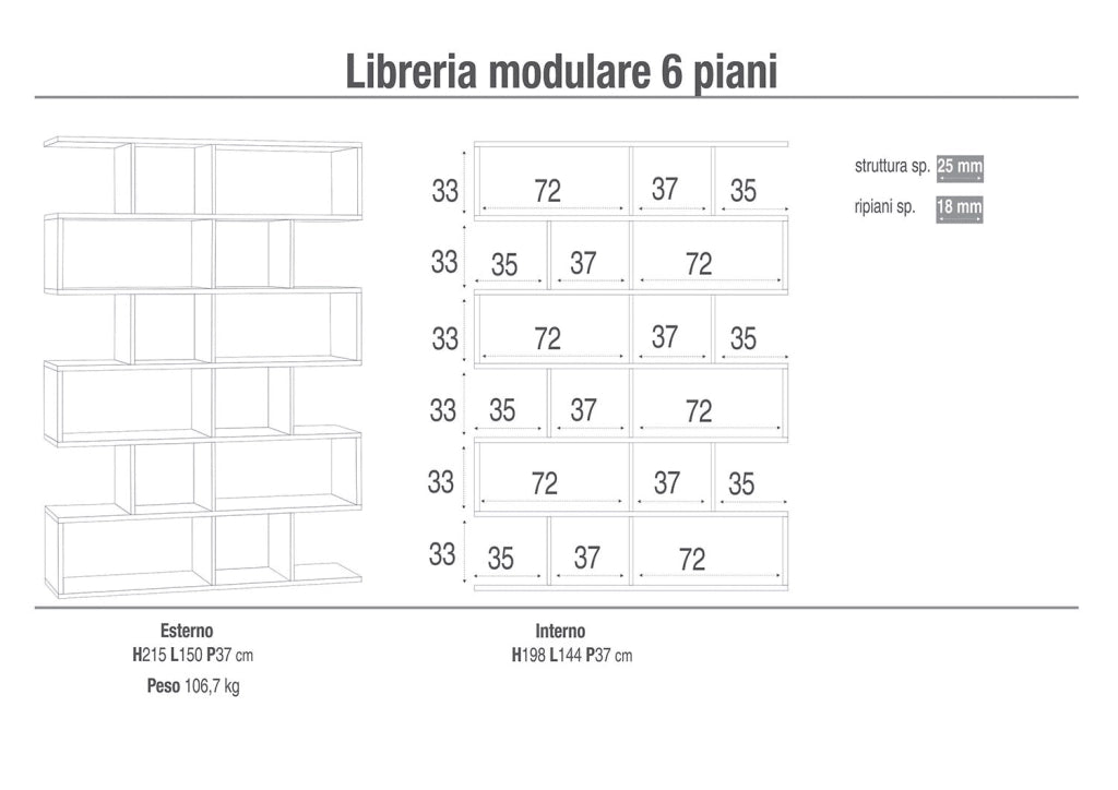 Libreria Modulare 6 Ripiani 150x215x38 cm Ossido Bianco/Cemento