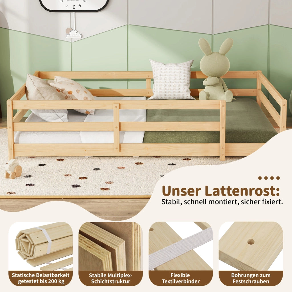 Letto per bambini 140 × 200 cm con barriera a 4 lati, rete inclusa, senza materasso, in legno massiccio, naturale