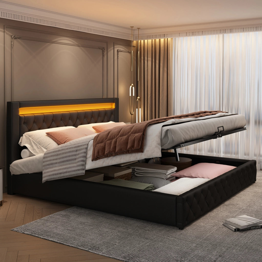 Letto imbottito 180x200 cm in PU nero con LED e vano contenitore