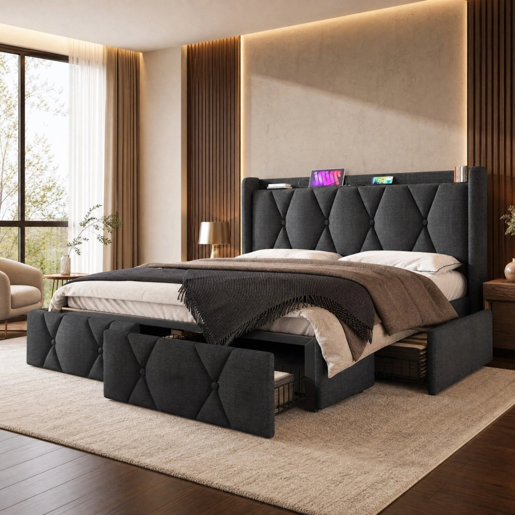 Letto contenitore imbottito grigio 160x200 cm con 4 cassetti, porte USB e prese, rete a doghe in legno