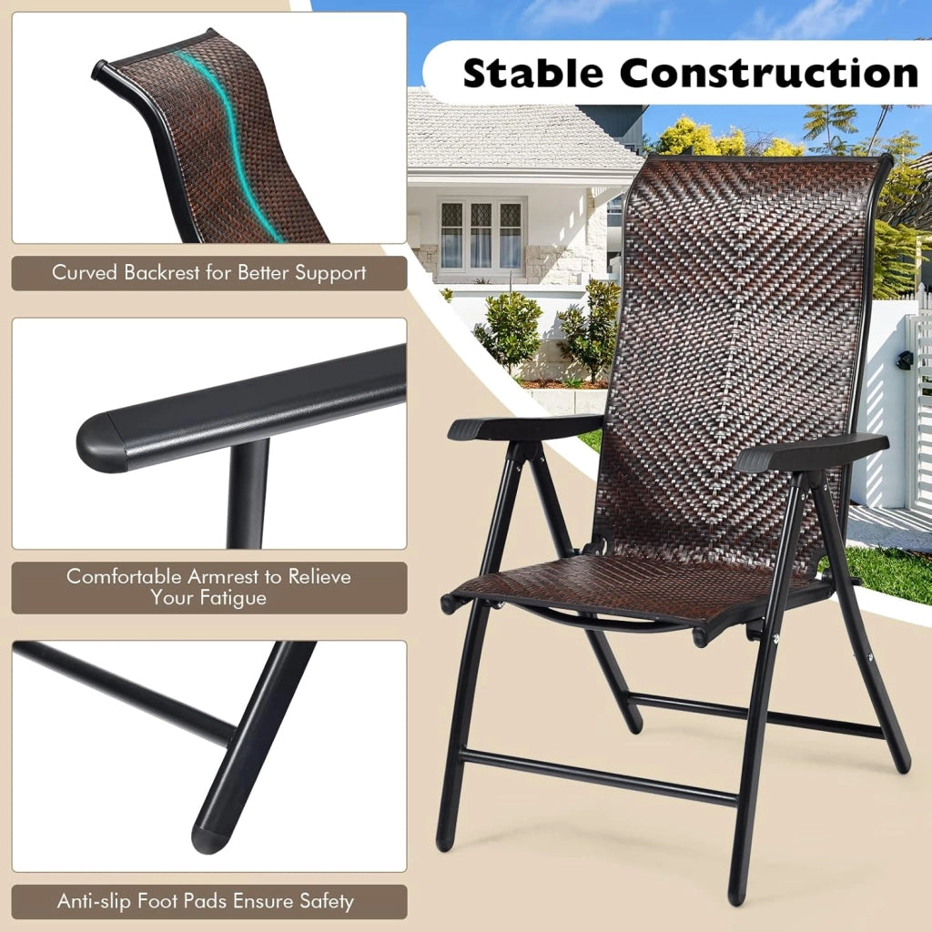 Set di 2 sedie da giardino in rattan con schienale regolabile, sedia pieghevole da giardino, sedia da pranzo, ergonomica, con braccioli, per giardino, balcone