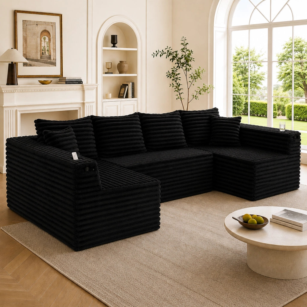 Divano modulare a U con portabicchieri e tasche laterali in velluto a coste nero con 4 cuscini 320 × 155 × 88 cm