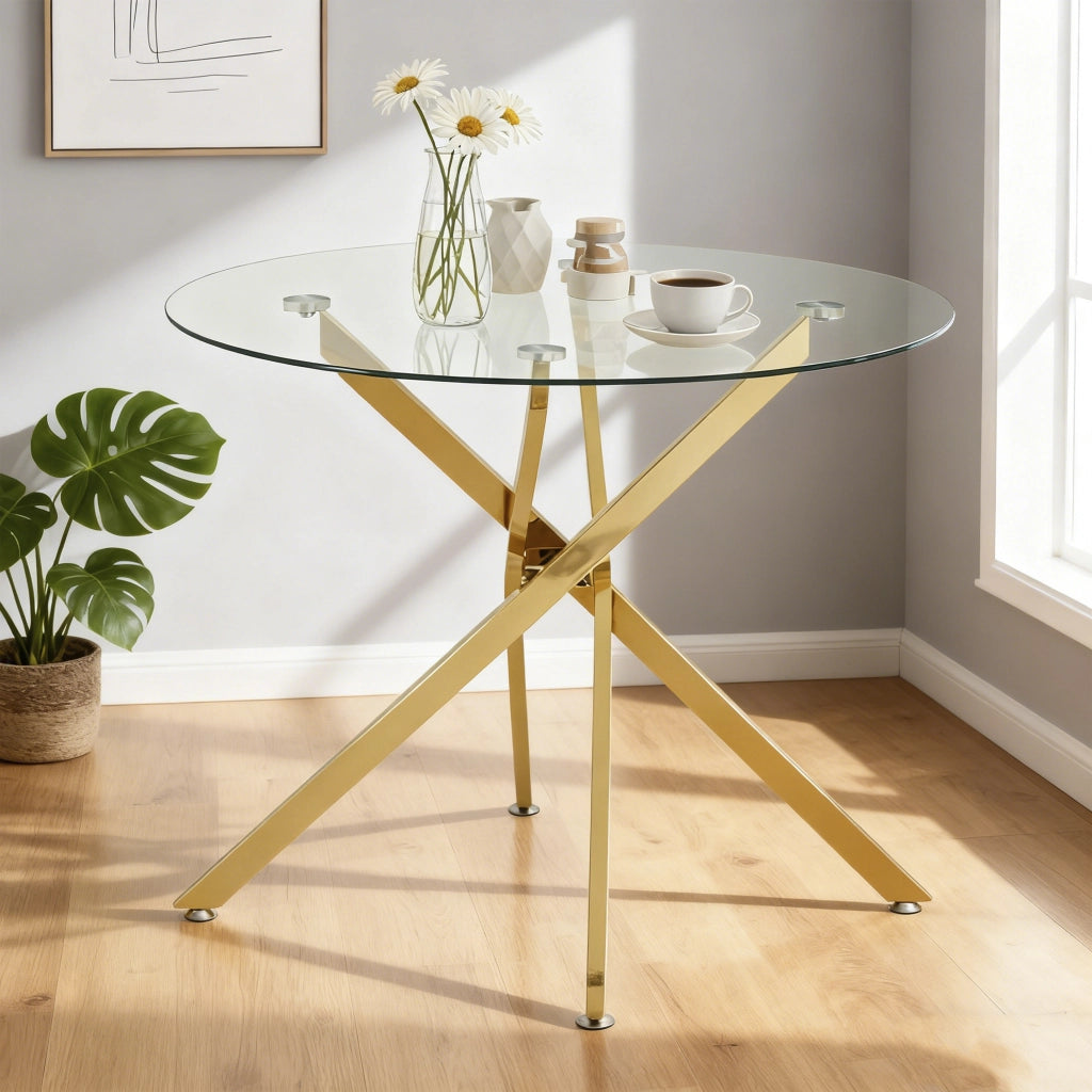 Tavolo da pranzo rotondo con piano in vetro temperato, base in metallo dorato, per 2-4 persone, 80 × 80 × 76 cm