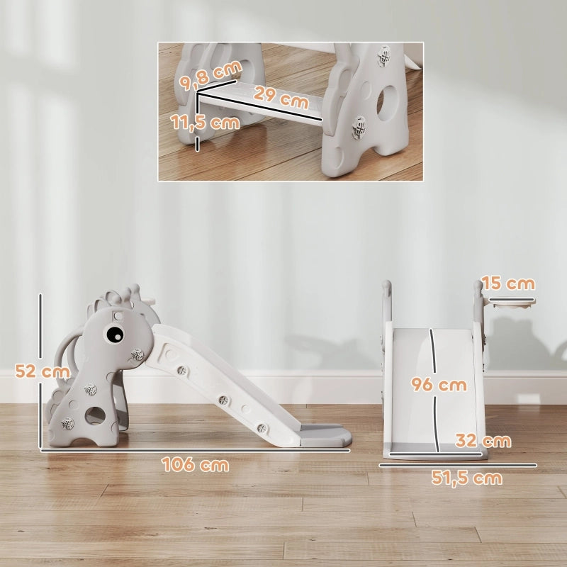 Scivolo 3 in 1 per bambini, a forma di giraffa, con canestro da basket e palla, colore grigio.