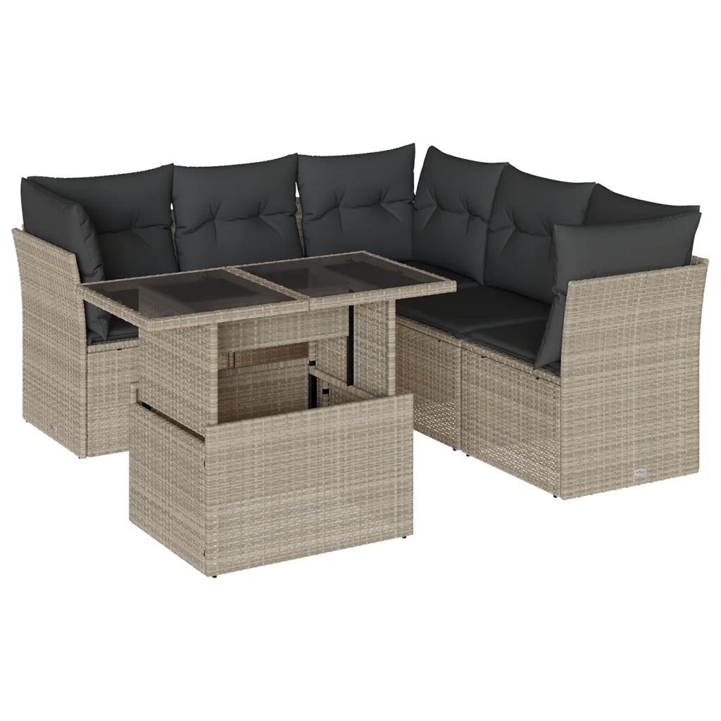 Set Divano da Giardino 6pz con Cuscini Grigio Chiaro Polyrattan