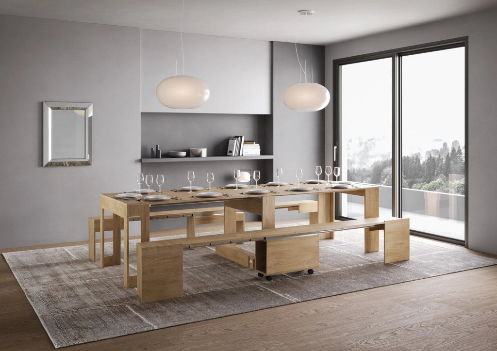 Consolle Tavolo Allungabile 90-302x42x75 cm Evolve Quercia Natura con Panca Inferiore e Superiore