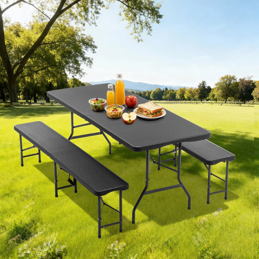 Set tavolo da picnic pieghevole 3 pezzi 6 ft con 2 panche, piano HDPE, chiusura di sicurezza, nero