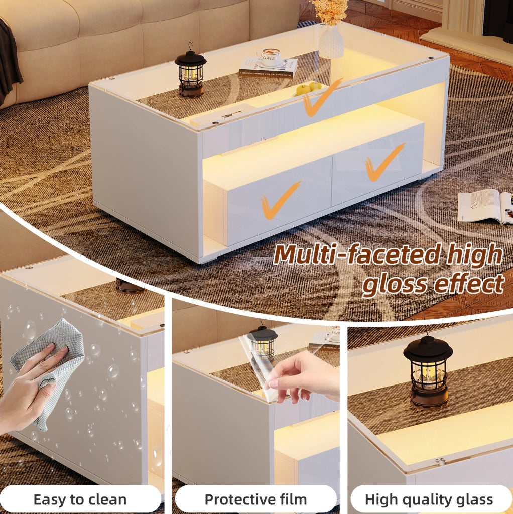 Tavolino da caffè moderno bianco con LED e ampio spazio contenitivo