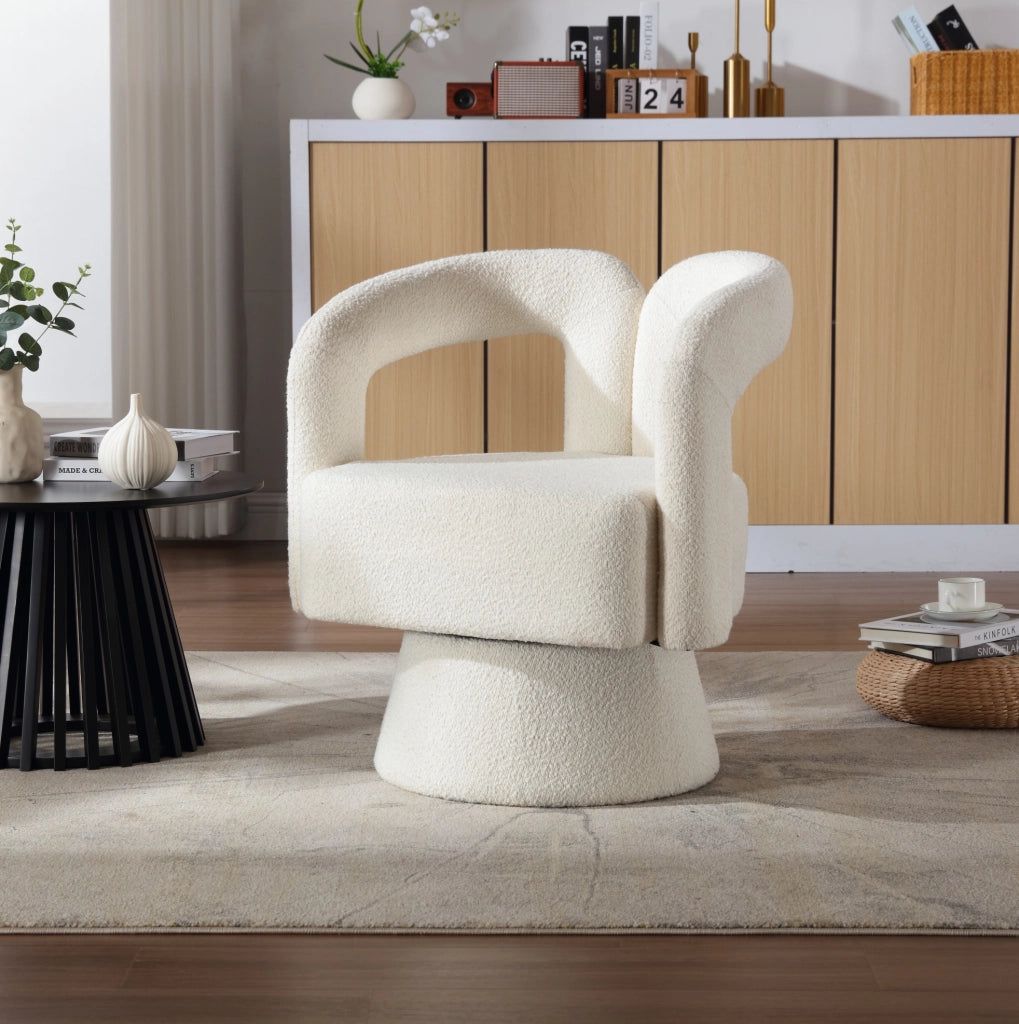 Poltrona girevole in bouclé beige a 360° con base in metallo