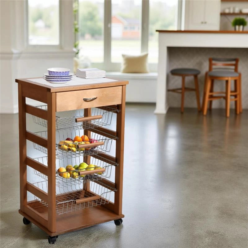 CARRELLO VESUVIO CON CASSETTO ROVERE IN FAGGIO BASE INFERIORE MULTISTRATO DI BETULLA 1 CASSETO 4 CESTELLI PIANO MATTONELLE IN CERAMICA