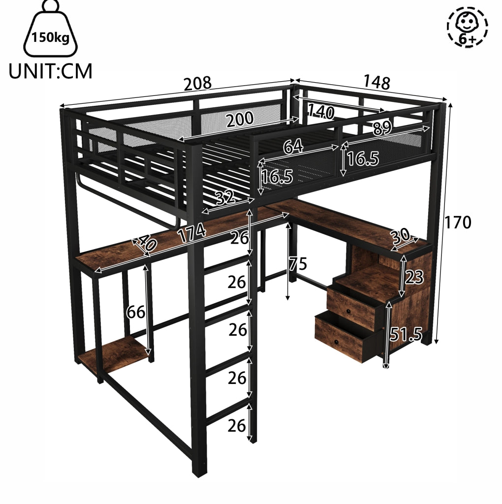 Letto a soppalco 140x200 in metallo con scrivania, LED e USB