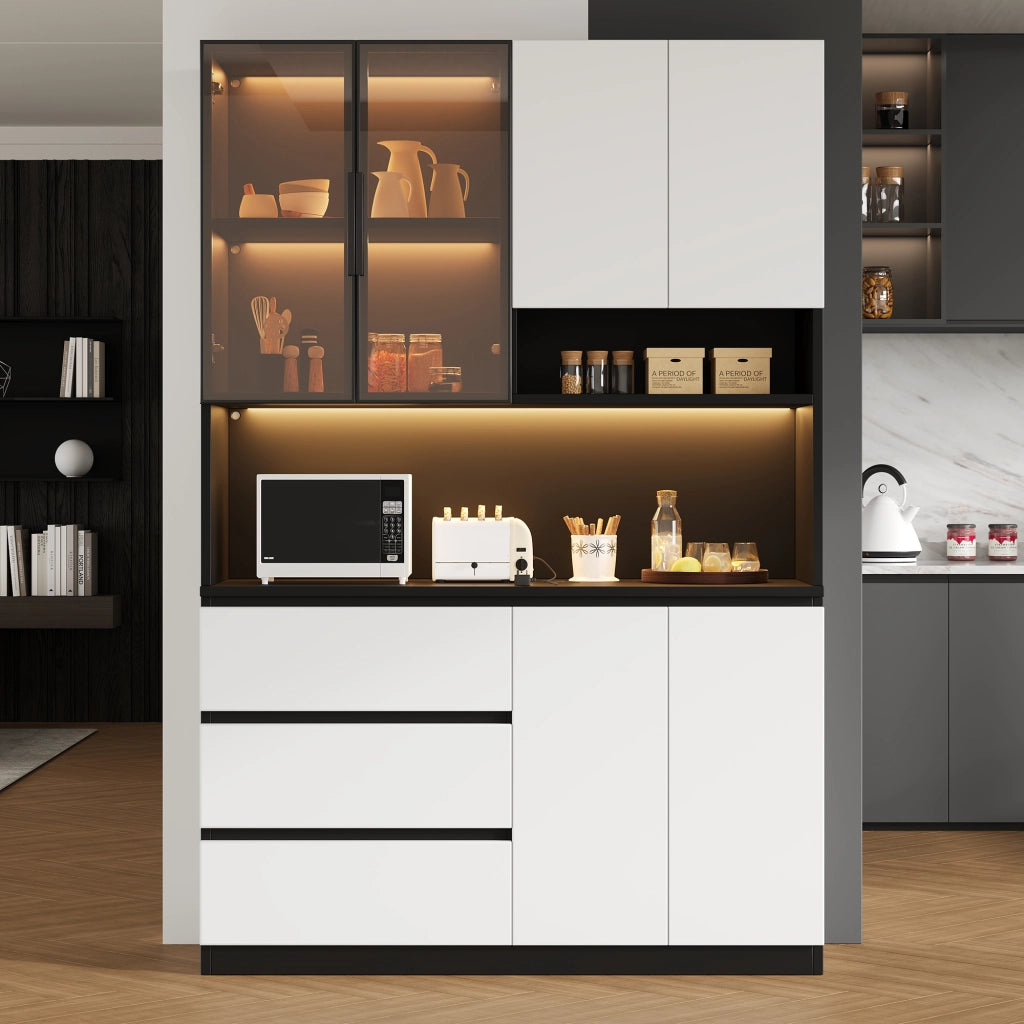 Credenza da cucina con 6 ante; 3 cassetti e LED - per cucina - 120.5×40×180 cm - bianco e nero